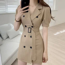 Colletto rovesciato vintage doppio petto elegante abito da donna cintura vita sottile manica a sbuffo abito coreano chic casual abiti estivi