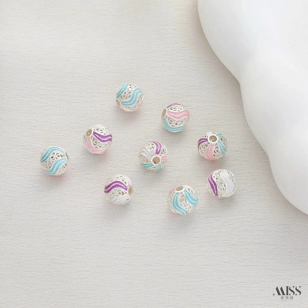 Thick Silver Plated Copper Enamel Striped Hollow Embroidery Beads Spacer Beads for DIY Bracelet Necklace Jewelry