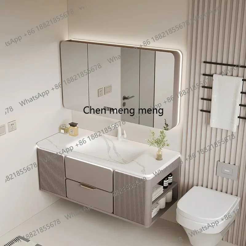

K153 Rock slab hot bending integrated basin light luxury smart bathroom cabinet oak, hand wash basin cabinet