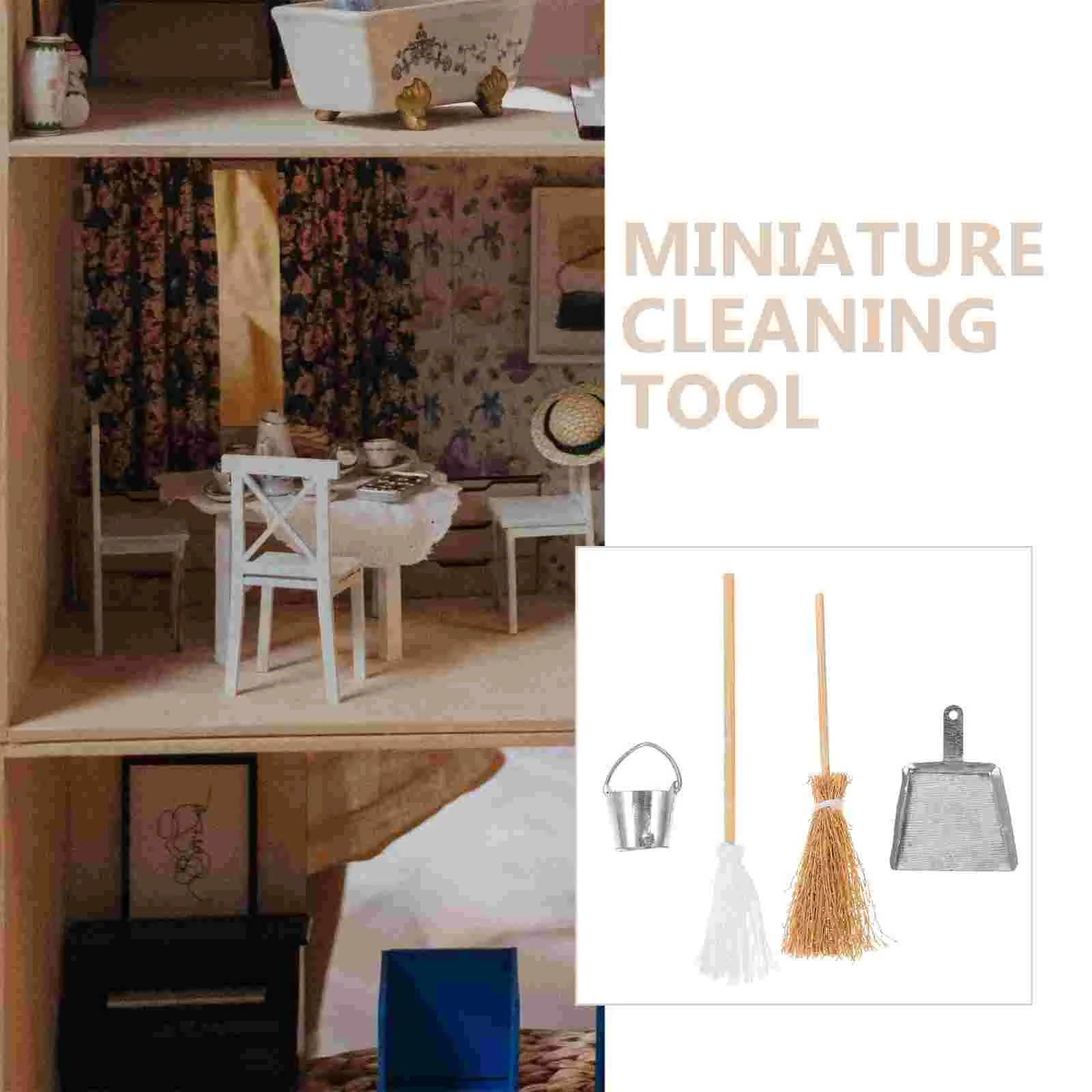 ฉากขนาดเล็ก Props ห้องรับประทานอาหาร Dustpan House เครื่องประดับ Desktop Decor เฟอร์นิเจอร์จําลอง Mop ไม้กวาดไม้กวาด