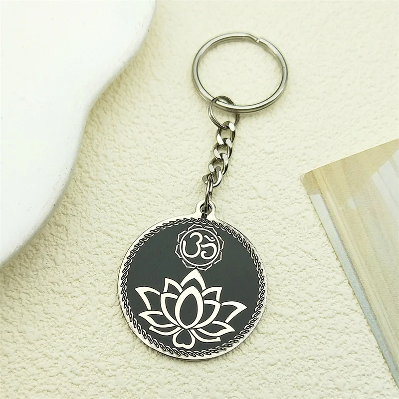 

Lotus Yoga Om Pendant Keyholder For Women Men Stainless Steel Silver Color Buddhist Amulet Chain Keyring Jewelry Gifts
