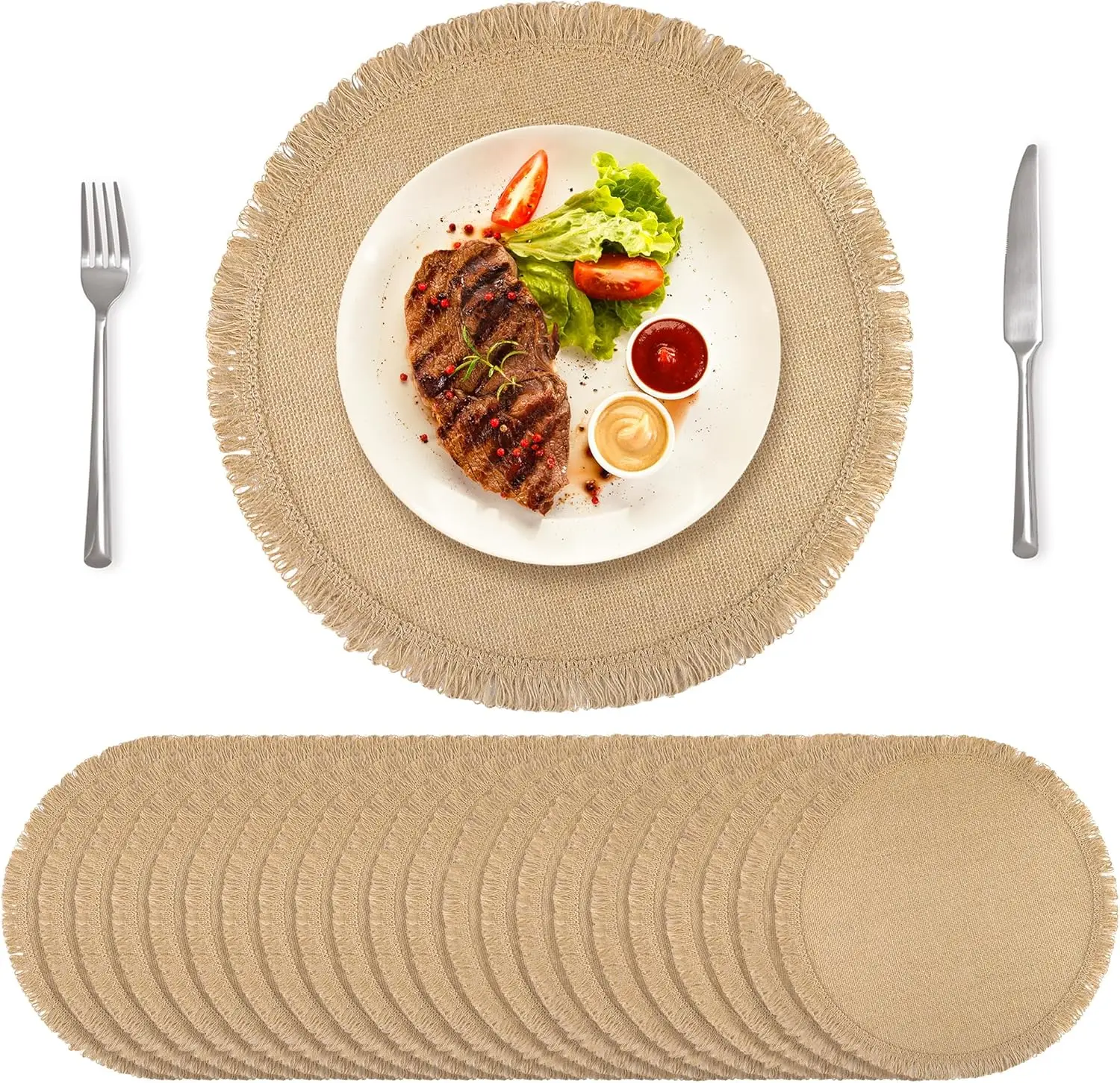 

15-дюймовые круглые джутовые салфетки с бахромой, термостойкие натуральные коврики для стола в фермерском доме для декора свадебной вечеринки и столовой