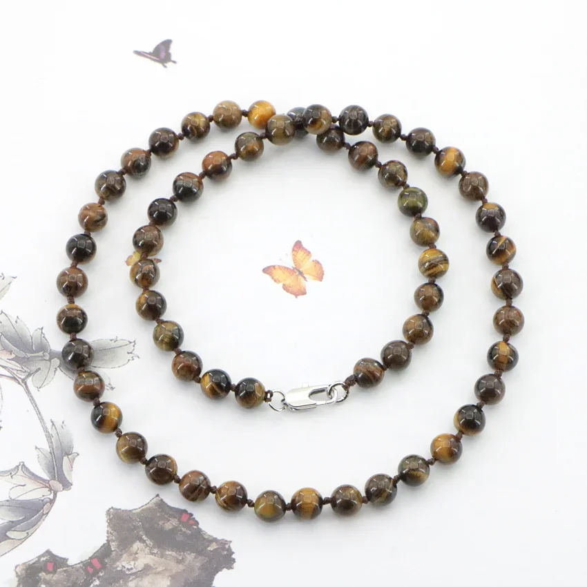 Natural 6-14mm Tiger Eye Stone Necklace Round Loose Beads Gems Stone Women Girls Wedding Christmas Gifts Jewelry Wholesale 18 \