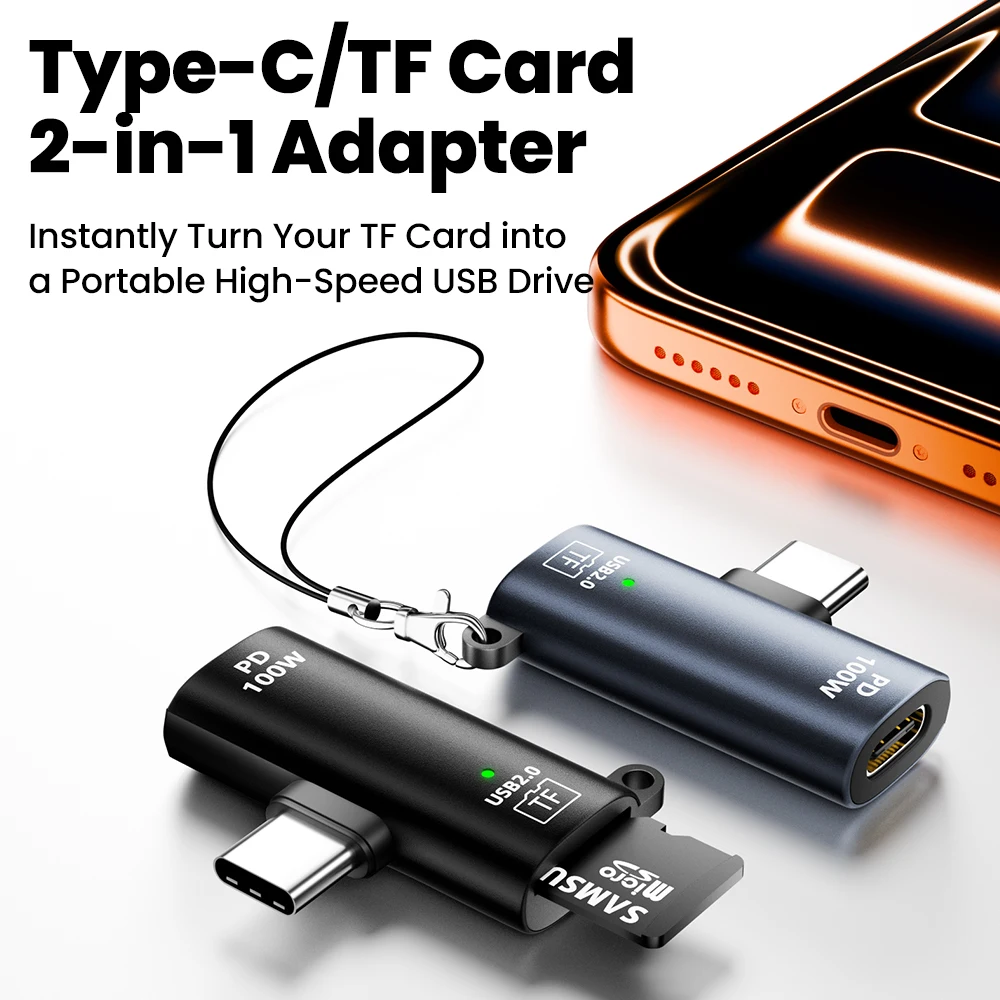100W 2-in-1 Type-C Memory Card Reader for Fast Charging High-Speed Data Transfer Type-C to TF Card Conversion for iPhone 15