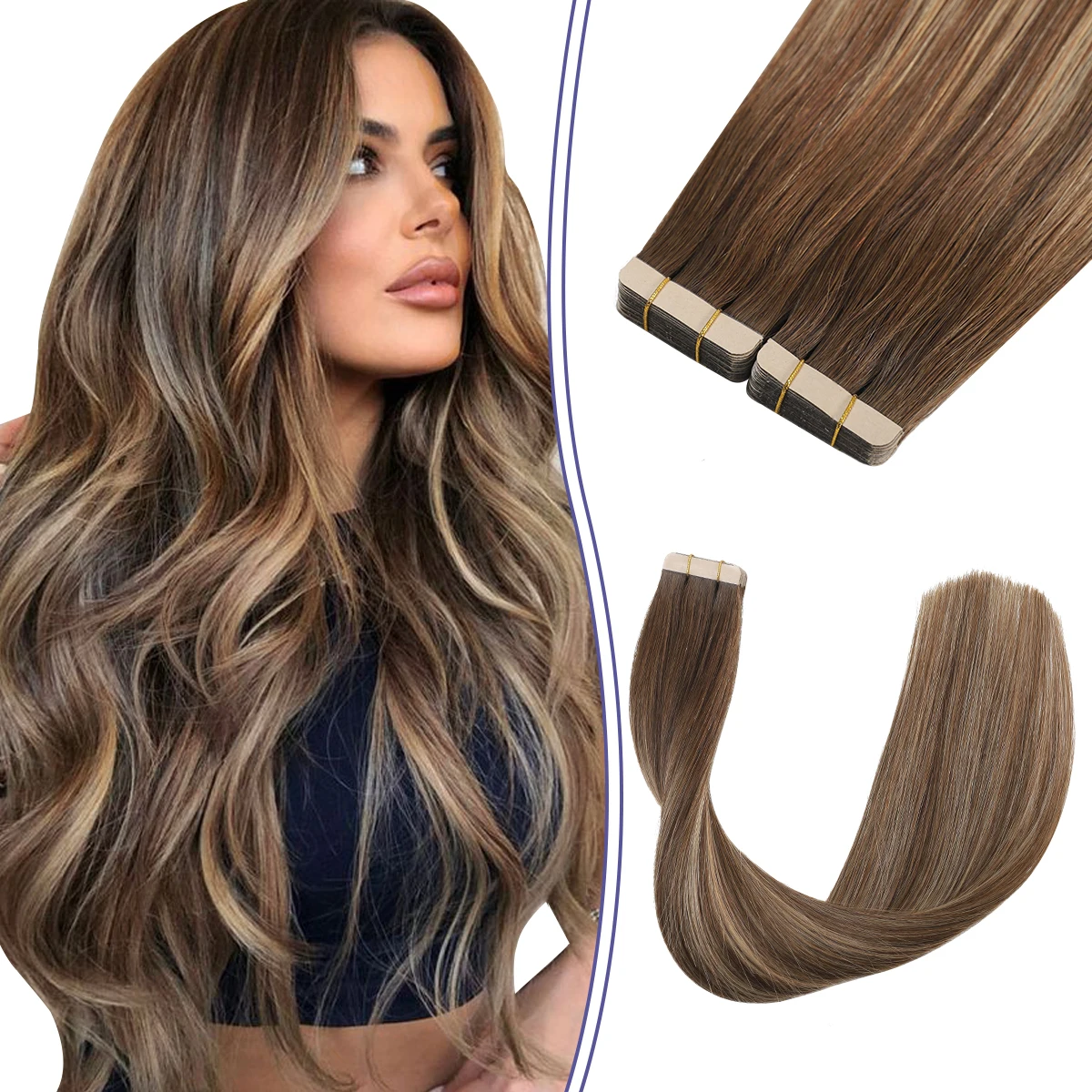 Sindra Tape In Hair Extensions Balayage Kleur Steil Remy Menselijk Haar 14-22 Inch Tape In Extensions 50G 20 Stuks