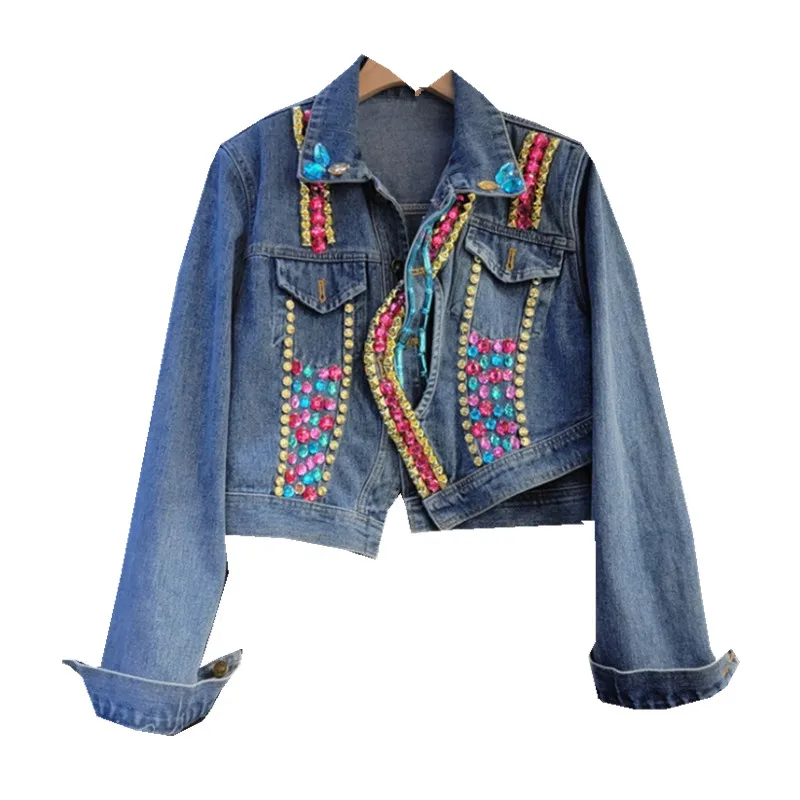 

Heavy Work Deinm Jacket Women colorful Diamond Casual Loose Cowboy Outwear Jeans Coat