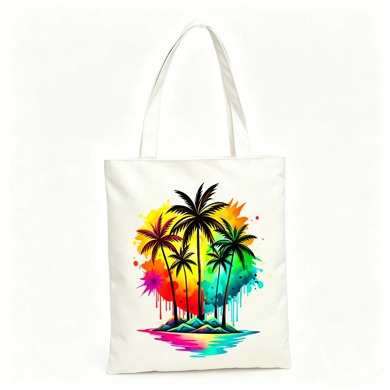 Women's tropical palm tree print canvas tote bag, artistic design for summer beach outings and casual shopping