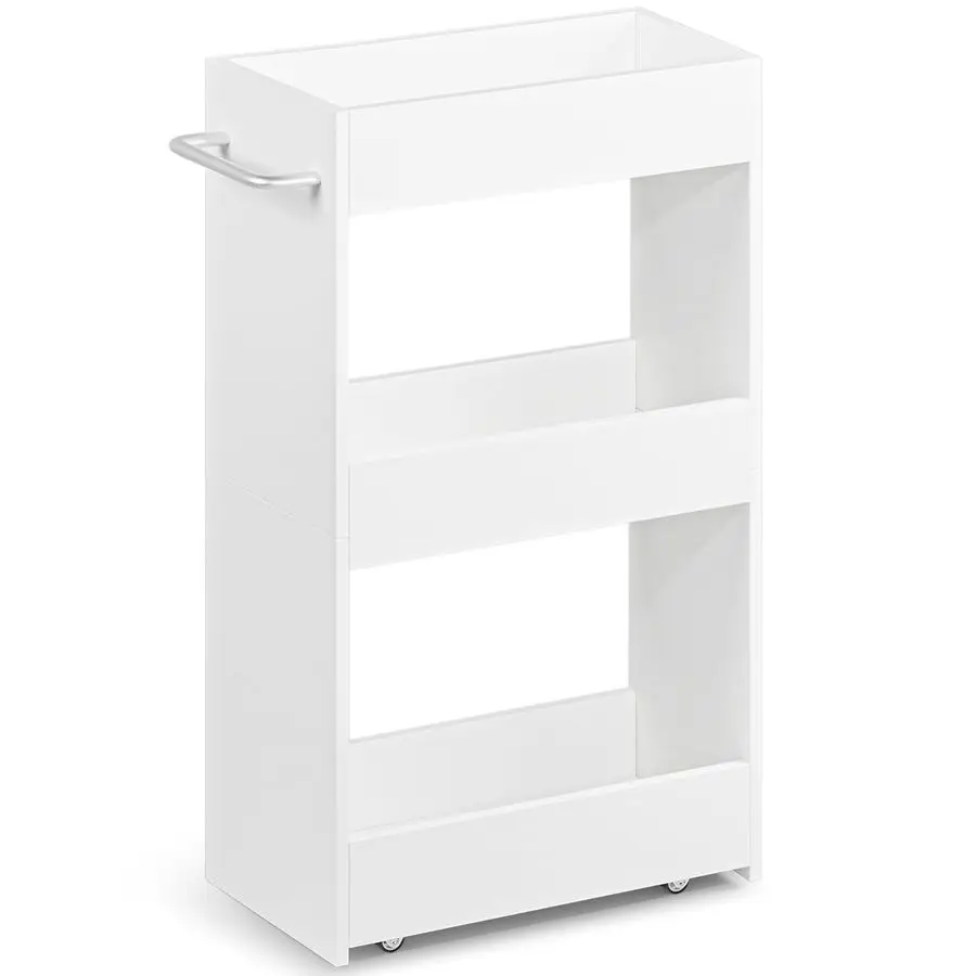 

Wood Rolling Storage Cart 7.9 W, 3 Tier White Slim Utility Kitchen Cart on Wheels Laundry Room Bathroom Organizers Narrow Shelve
