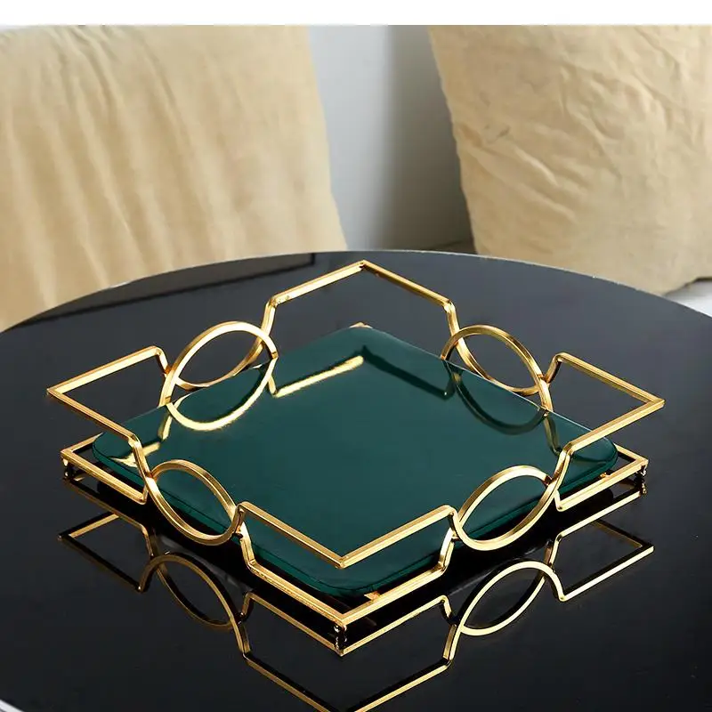 

Light Luxury Coffee Table Storage Tray American Home Fruit Plate Ceramic Living Room Decoration Gold Tea Desktop