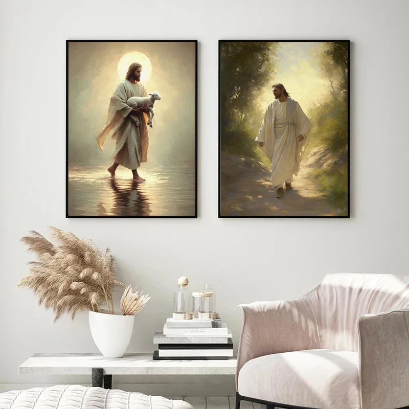 Jesus Lion on Walk Water Christianity Posters Wall Art Pictures Canvas Painting Living Room Bedroom Home Decor Religious Gifts