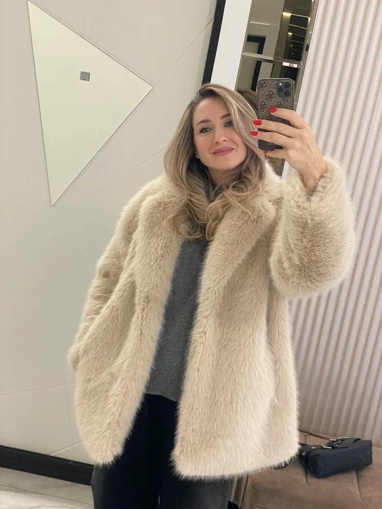Ladies Cream Shaggy Faux Fur Jacket Long Sleeve Open Front Comfy Warm Coat Autumn Winter Daily Party Trendy Streetwear New Wear