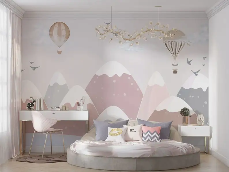 Kids Wallpaper, European Style Mural, Hot Air Ballons Mountains Mural, Peel And Stick Watercolor Pastel Color Mountains Nursery