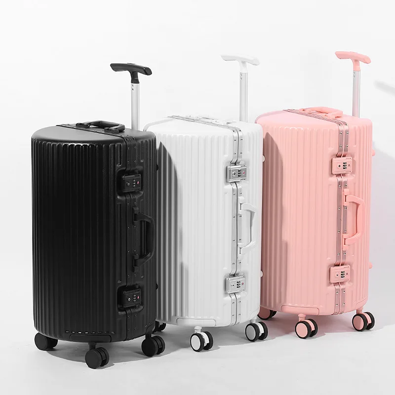 

New Barrel Travel Suitcases Pink Women Travel Bag with Wheels Aluminum Frame Round trolley Rolling Luggage Case Innovative bag