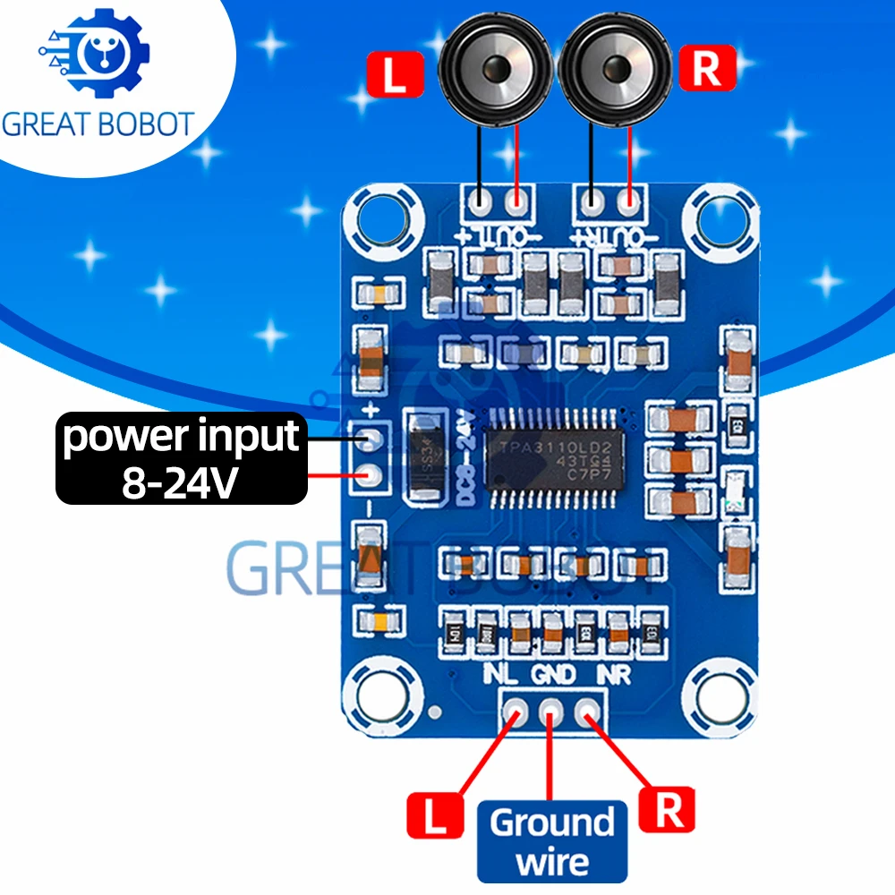 DC DC12V-24V 2X15W Digital Audio Power Stereo Amplifier Module Board TPA3110 12V Class D Power AMP Board 2.0 channel