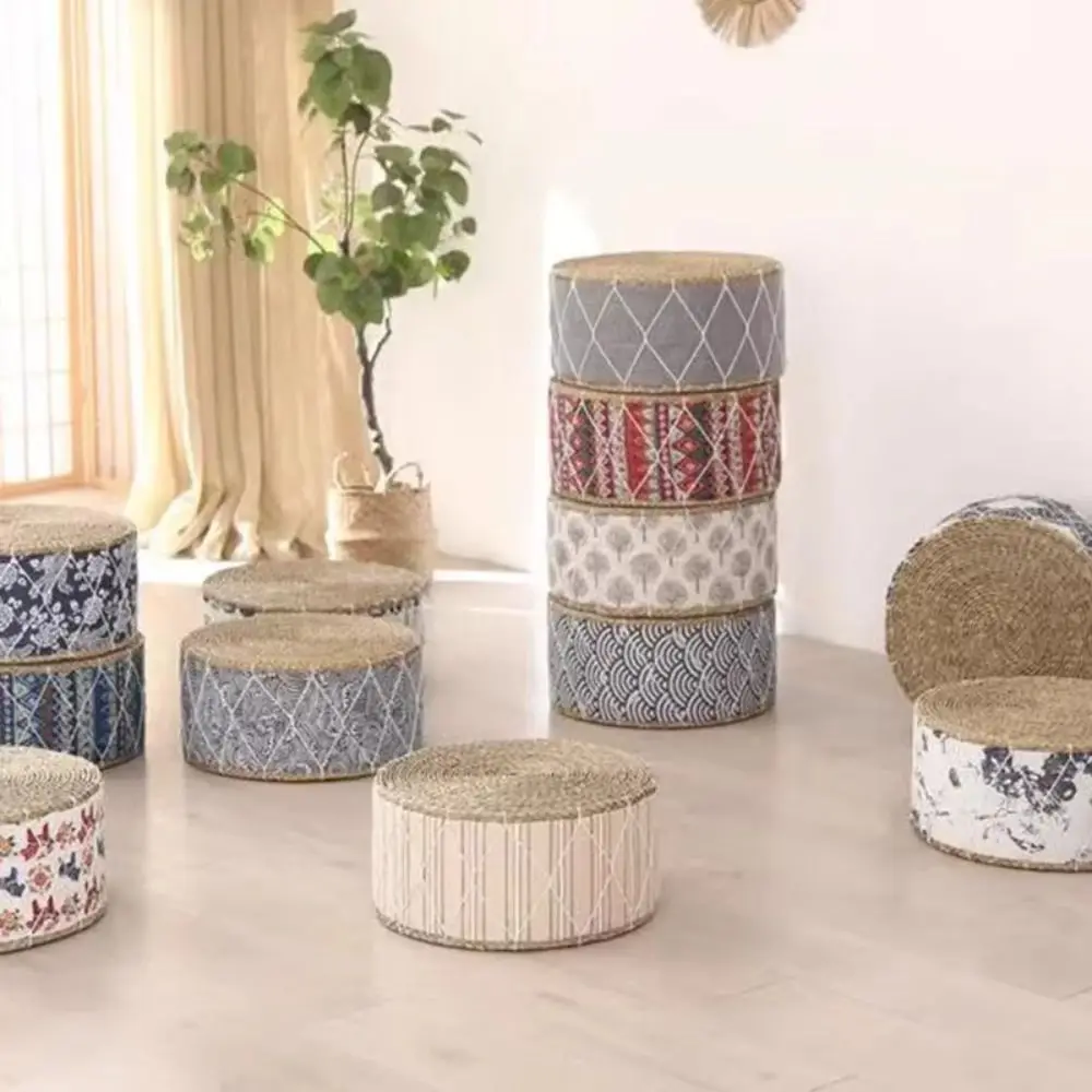 Hand-Woven Floor Cushion Portable Design Round Shape Woven Stool Natural Straw Durable Material Ottoman Stool Tea Table Seating