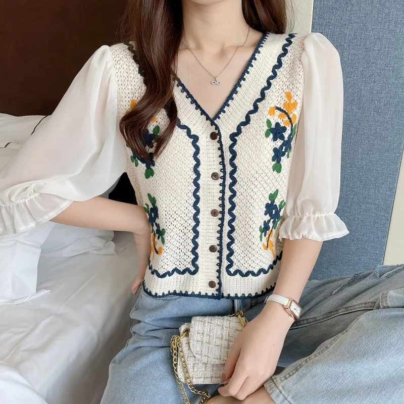 Women Summer Fashion Embroidered Cardigan Casual All-match Short Sleeve Knitwear Women Clothes Trend Ice Shreds Appear Thin Tops