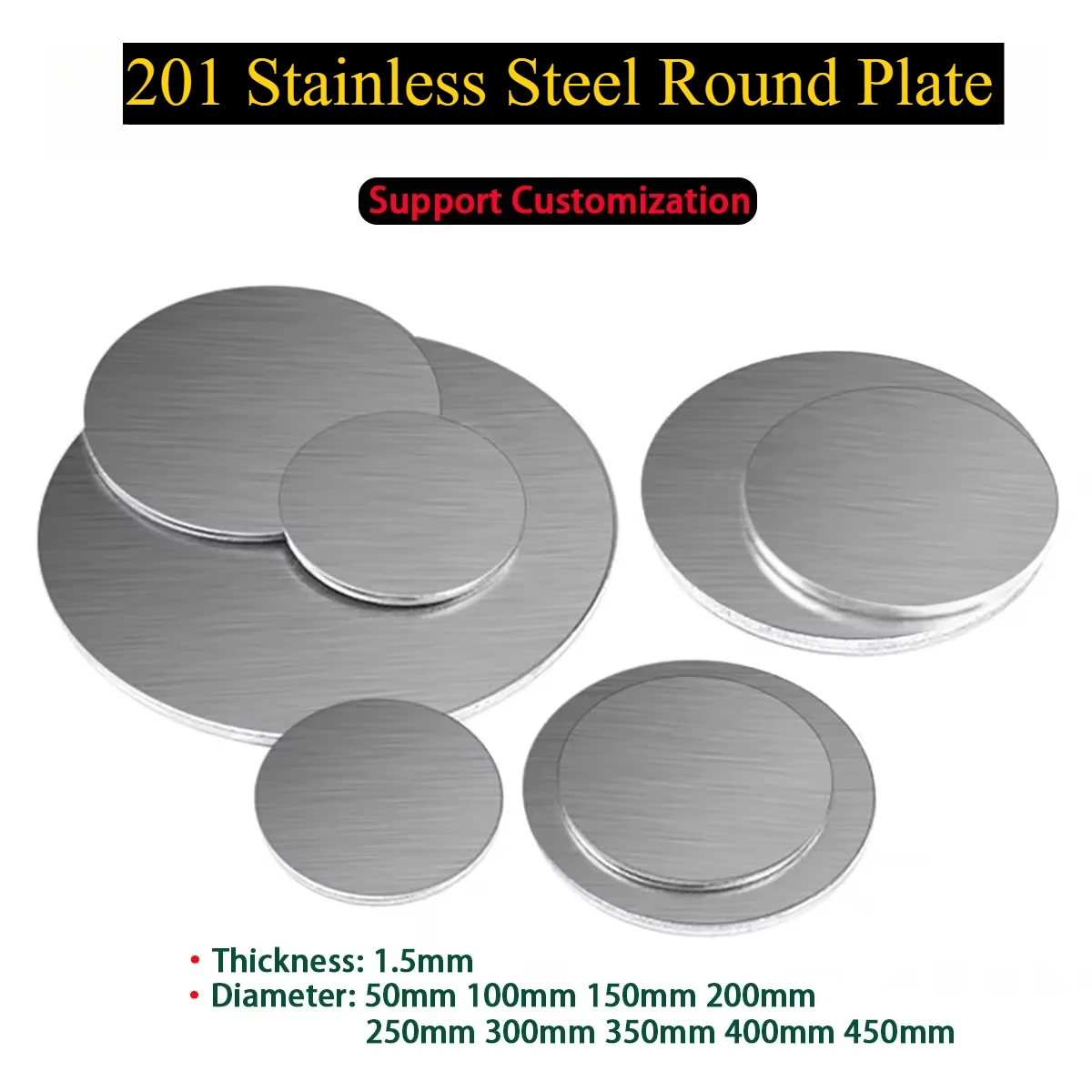 201 Stainless Steel Round Plate Steel Disc Circular Sheet Round Disk Dia 50mm - 450mm  Thickness 1.5mm