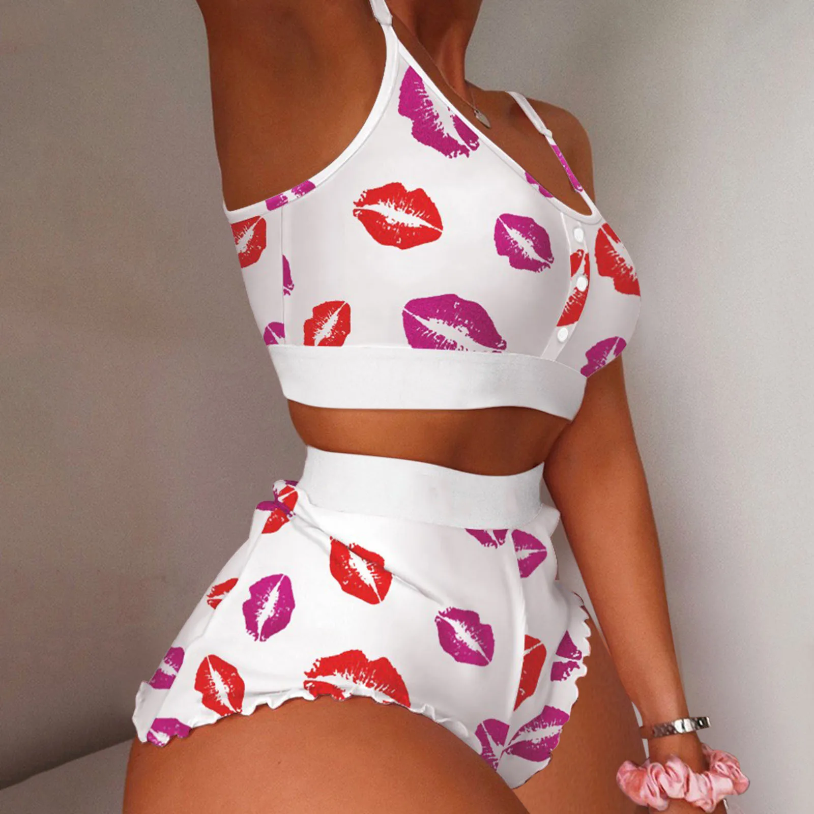 Women Fashion Lips Print Home Suspended Pajamas Set Vest Bra Top Short Sleepwear Nightwear Lingerie Women\'s Nightgown