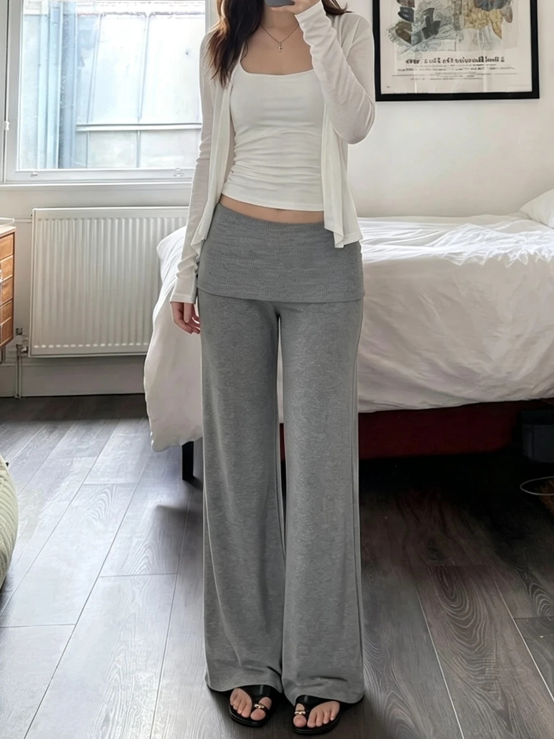 Extended Grey Cuffed Casual Flared Pants Women's Vintage  Color Drapey Floor-Length Trousers High Waist Elastic Waistband