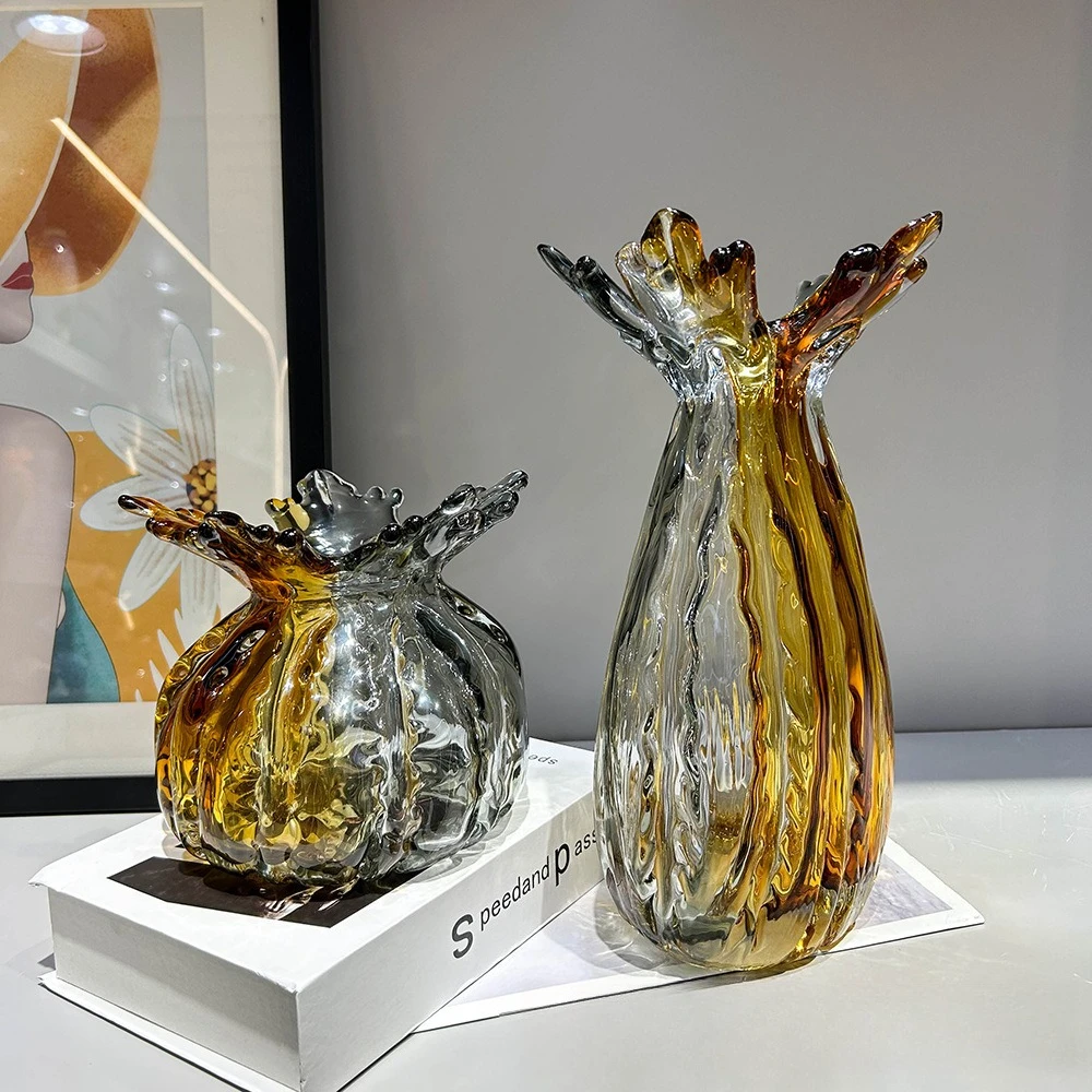 Modern light luxury double color handmade glazed vase home art glacier pattern ornament  advanced flower arrangement device