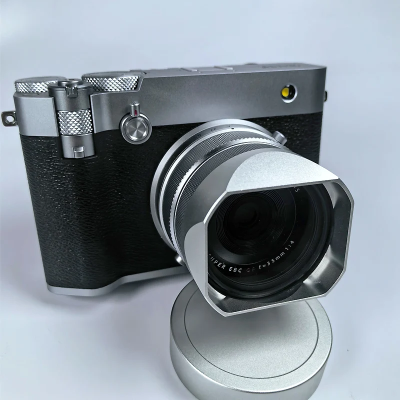 Design for Fujifilm GFX100RF Bayonet Metal Square Lens Hood Comes with Free Metal Cap Black, Silver