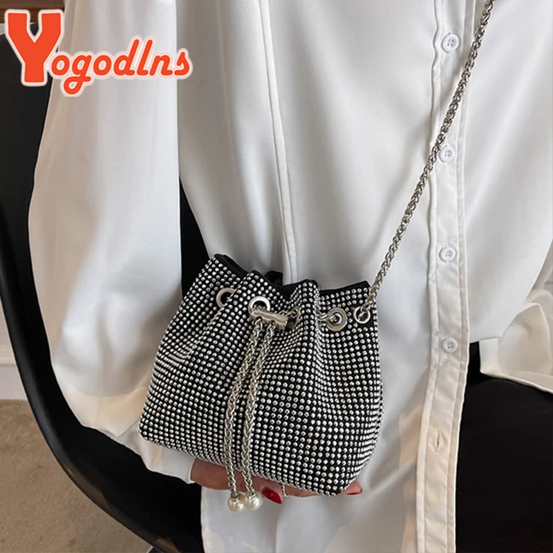 Yogodlns Fashion Rhinestones Shoulder Bag Women Drawstring Bucket Crossbody Bag Luxury Crossbody Bag Fashion Lady Handbag sac