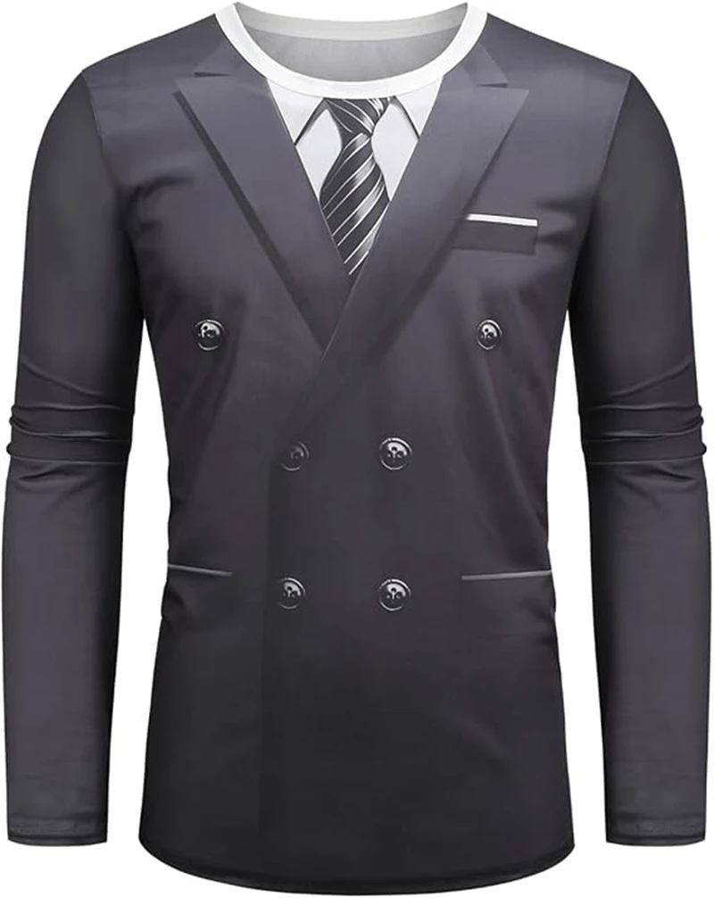 Camiseta con estampado de esmoquin para hombre, traje realista con estampado 3D, camiseta informal de manga larga a la moda, sudadera, ropa de calle transpirable