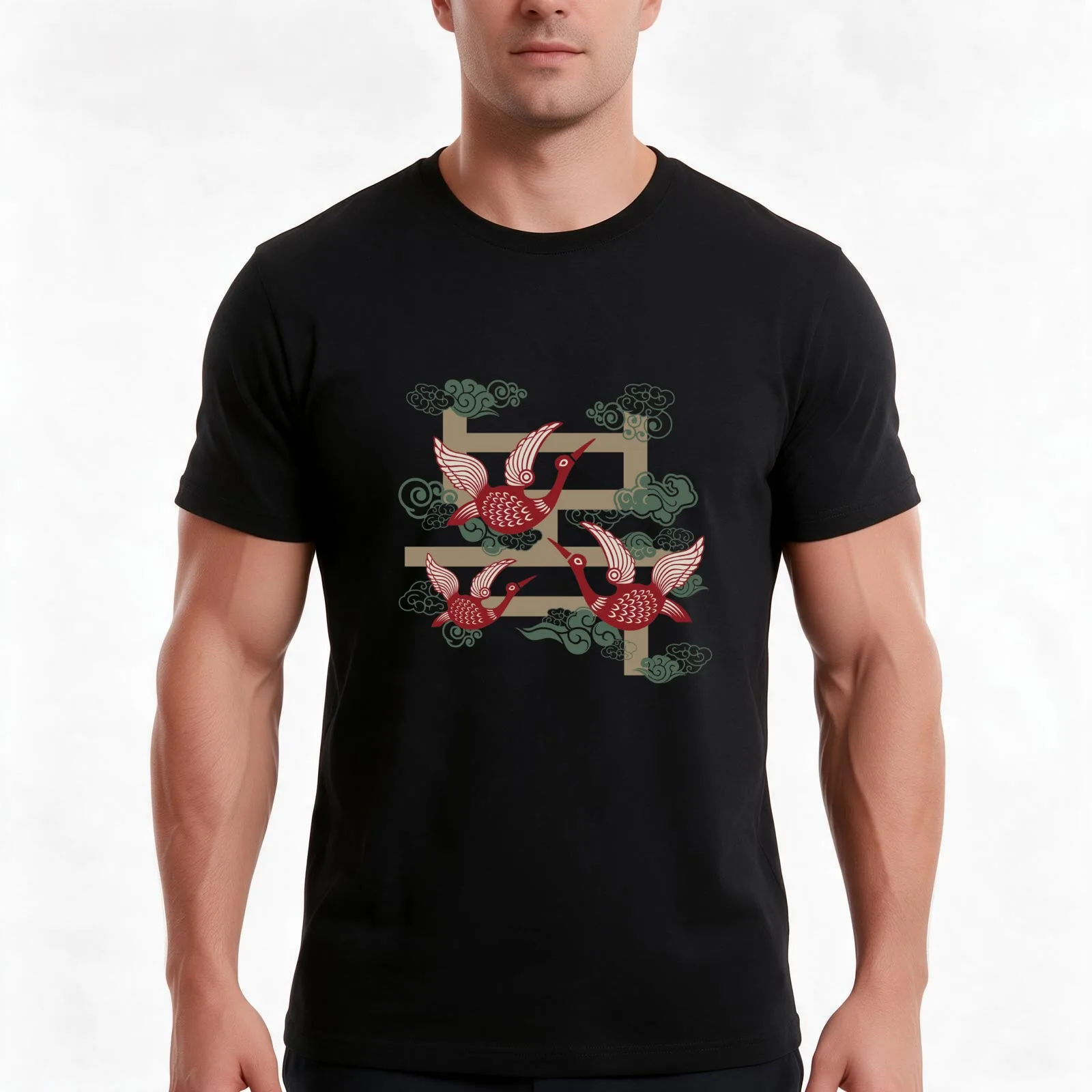 Korean alphabet with crane bird good luck charm T-Shirt Summer Casual Cotton Tee Oversized Streetwear Tops Unisex Men Women