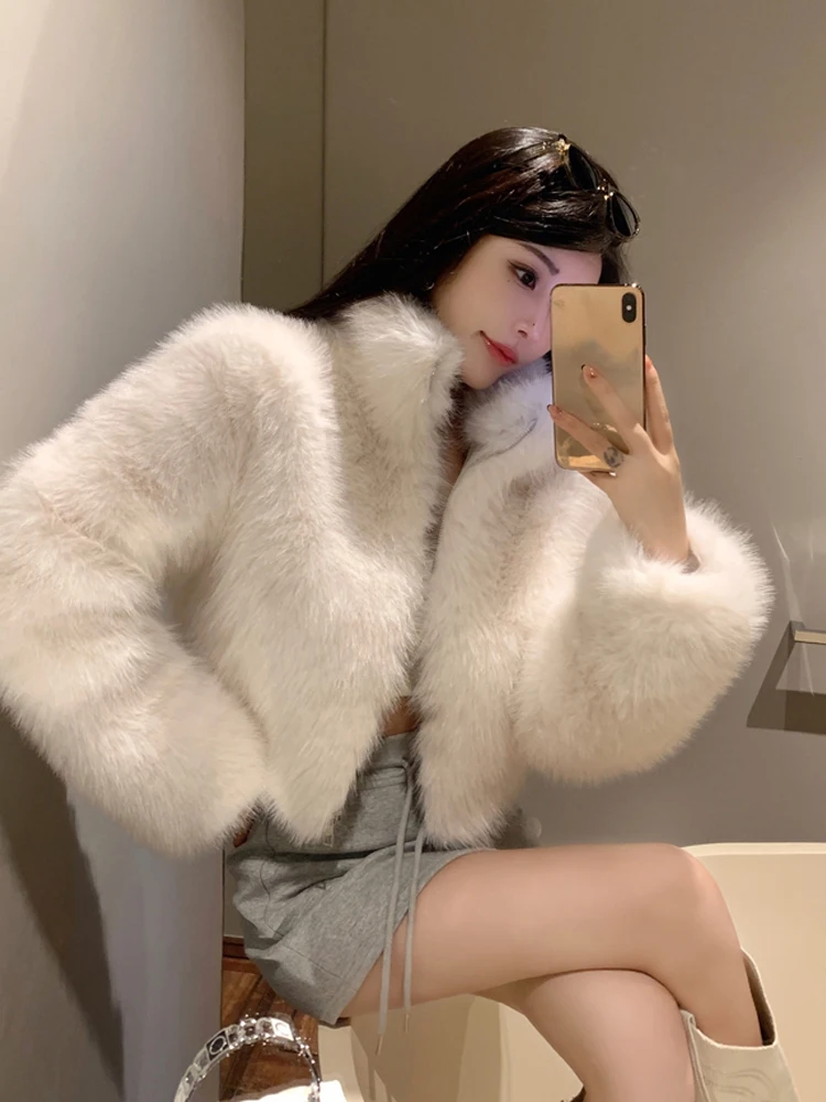 2024 Women Stand Collar Zipper Plush Faux Fur Jacket Winter New Korean Advanced Sense Fashion High Street Versatile Short Coat