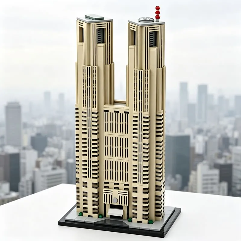 Tokyo Metropolitan Government Building Shinjuku Skyline MOC Building Blocks Post‑Modern Twin‑Tower Model For Adult Collectors