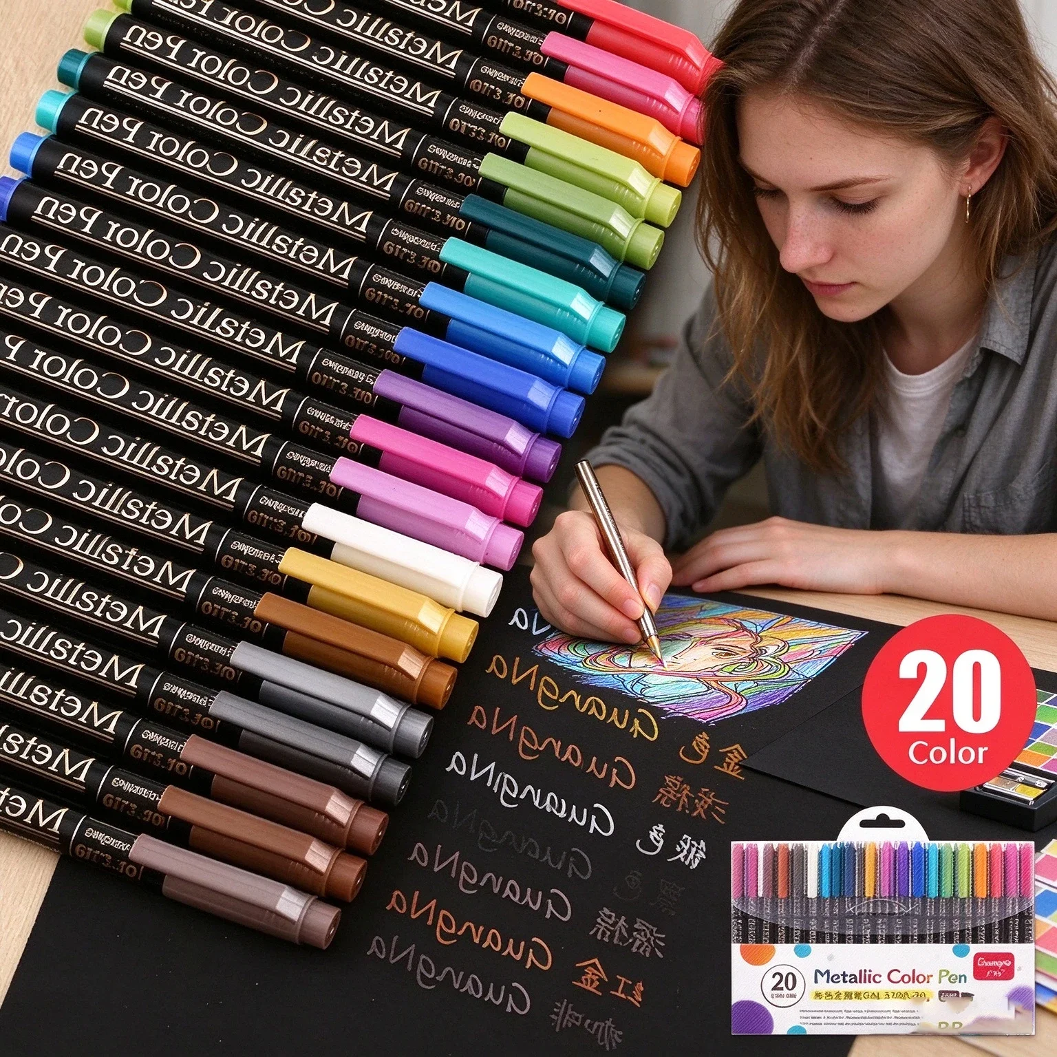 GuangNa 12/20 Colors Metallic Soft Brush Marker Pen Birthday Gift Card Making Metallic Color Art Pen  DIY Photo Album Glass Wine