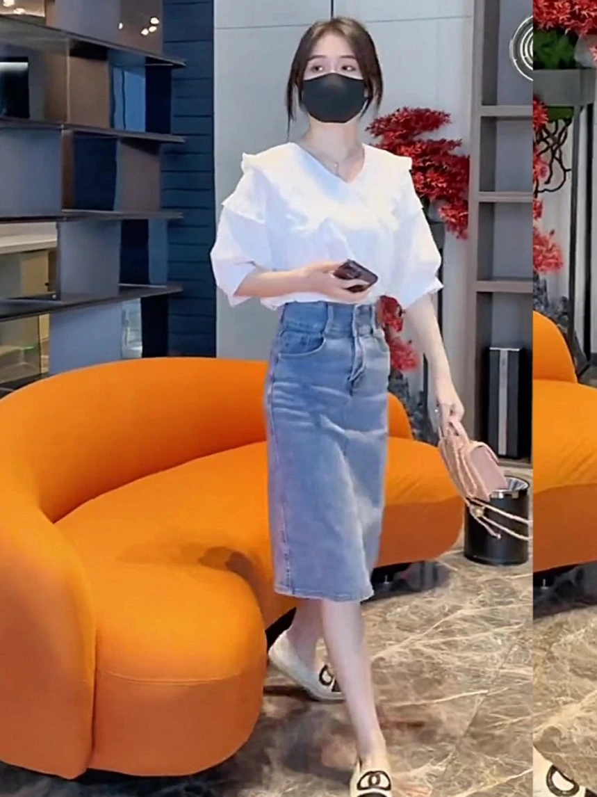 

Summer Women's Tea System plus Size Slimming High-End Top with Denim Skirt Two-Piece Set Fashionable Ensemble