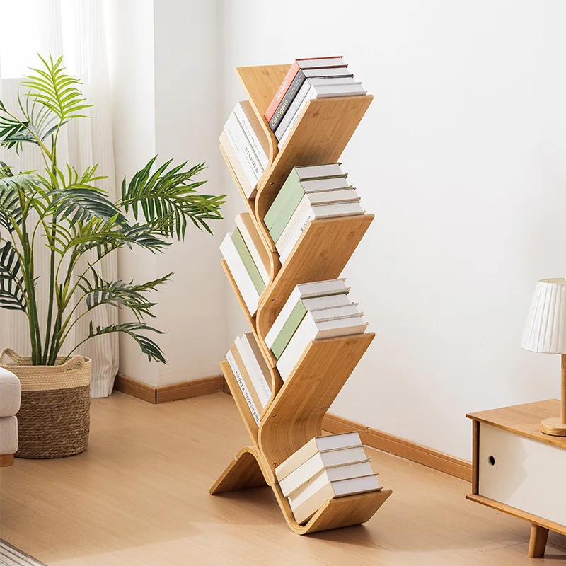 Solid Bamboo Tree Shaped Bookshelf Floor Standing Five Tier Bookcase Storage Shelf Living Room Home Office Kids Speedrack