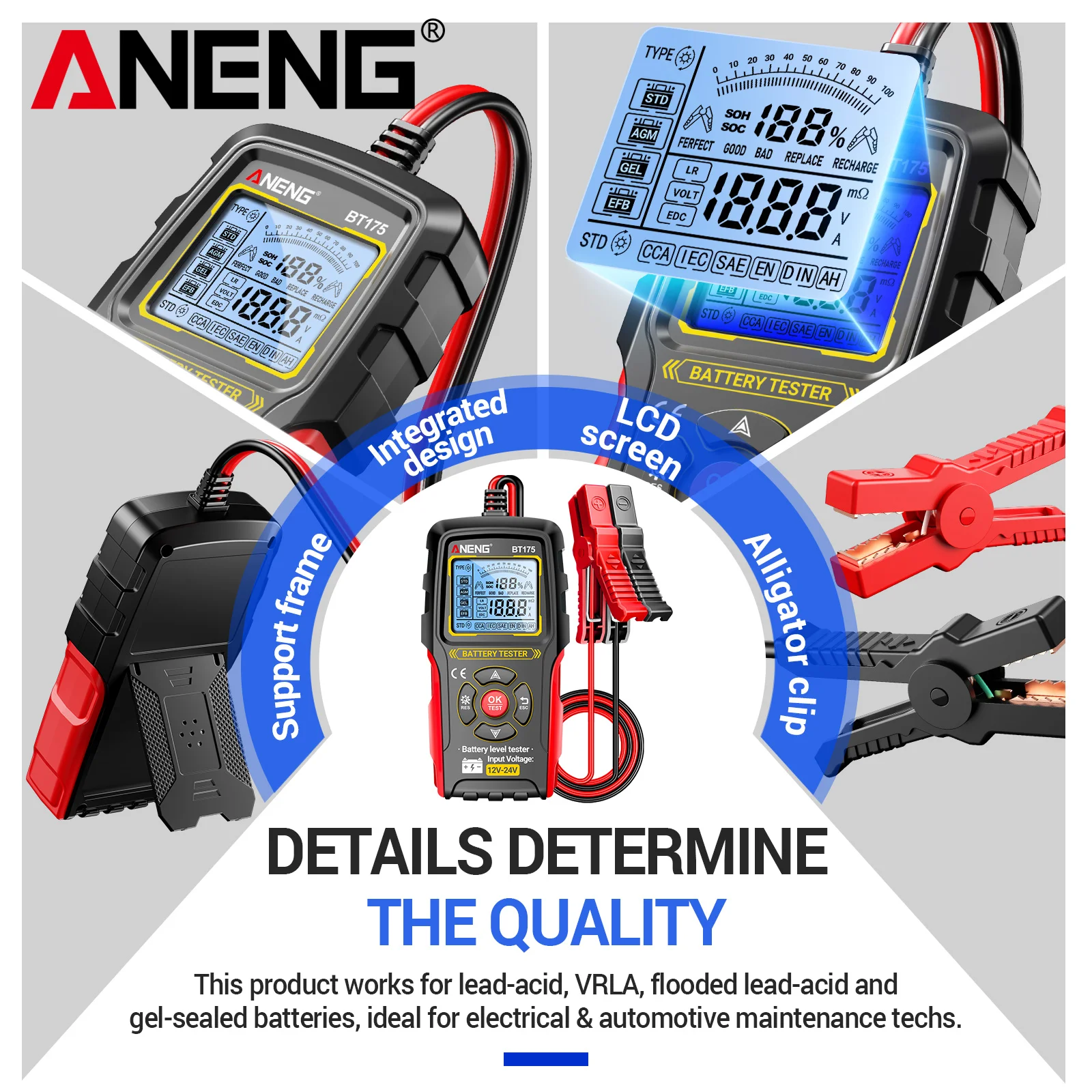 ANENG BT175 Essential Car Battery Tester 12V/24V 100-1700 CCA Circuit Start Charging Analyzer Tool Lead-Acid Batteries 100%