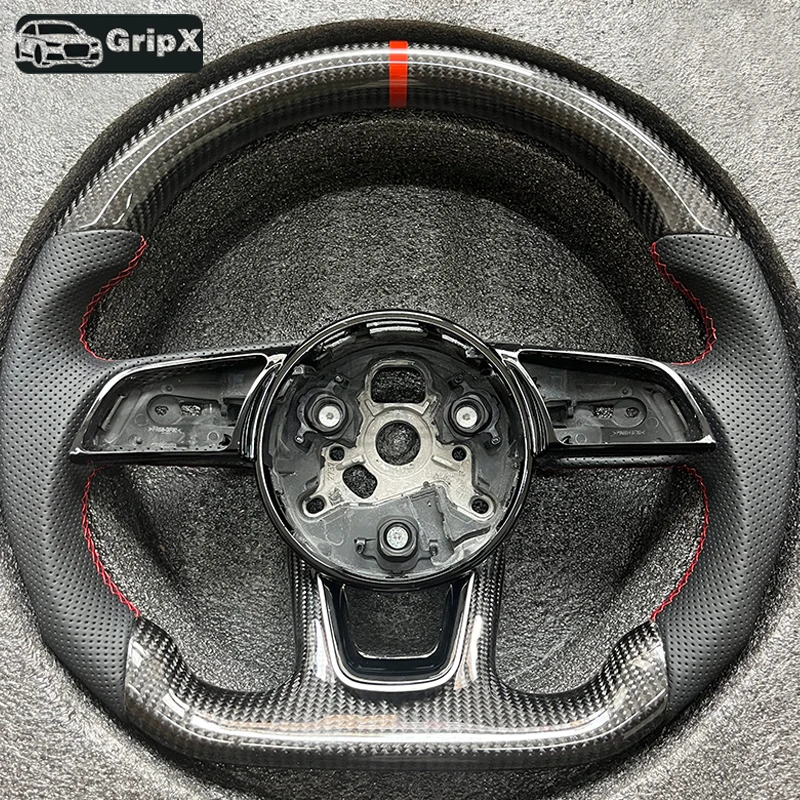 Carbon fiber steering wheel with leather perforations With frame For Audi B9 S3 S4 S5 RS3 8V RS4 RS5 2017-2022  red