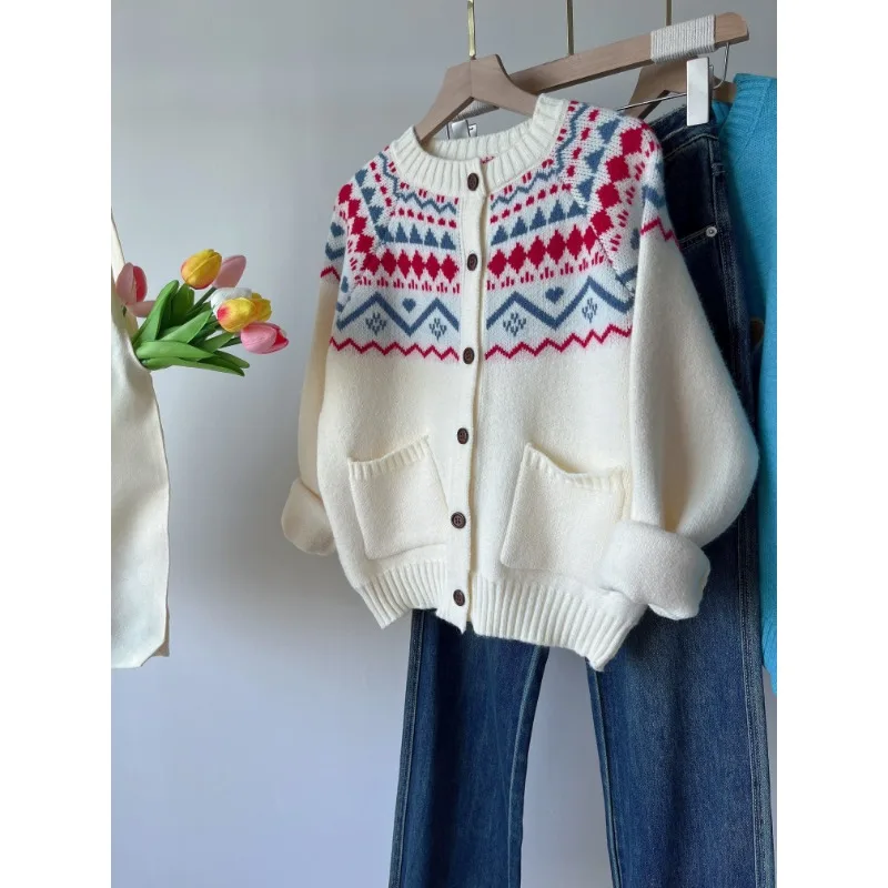 

Women's Lazy Style Sweater Autumn Winter New Round Neck Long Sleeved Sweater Jacket Cardigan Retro Loose Knitted Top