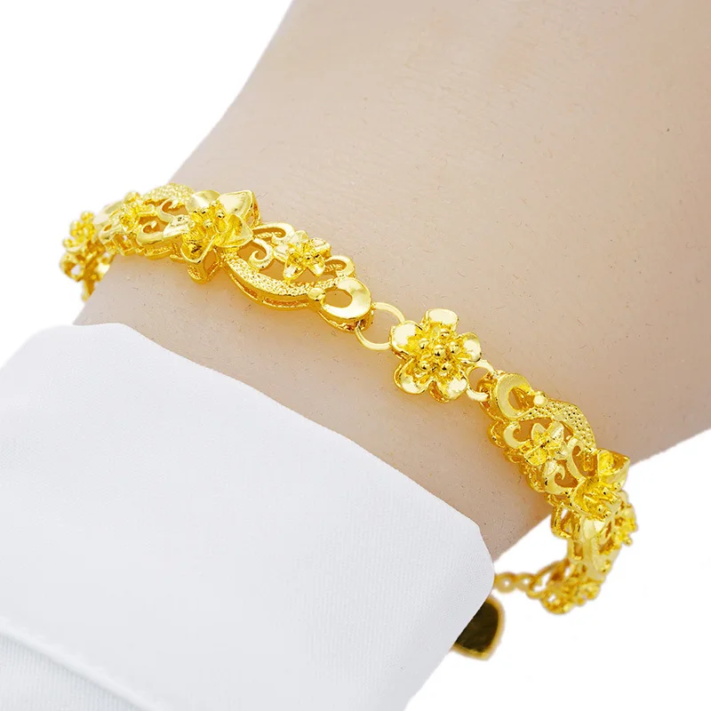 AU999 Euro Gold Flower Bracelet Women's 24K Gold - Anti-deform gold, durable band, flower symbolizes romance