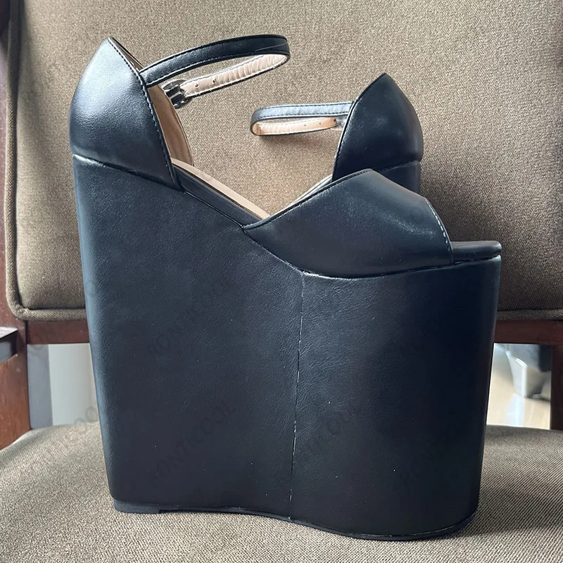 Ronticool New Women Platform Sandals Wedges High Heels Round Toe Elegant Black Cosplay Shoes Ladies US Plus Size 4-15