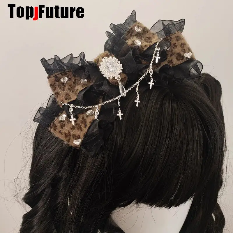 Mars Gal Harajuku Gothic Subculture Lace Leopard Print Lolita Steampunk Y2K Girl Women Bow Hair Clip Hair Clips Pins Hairpin