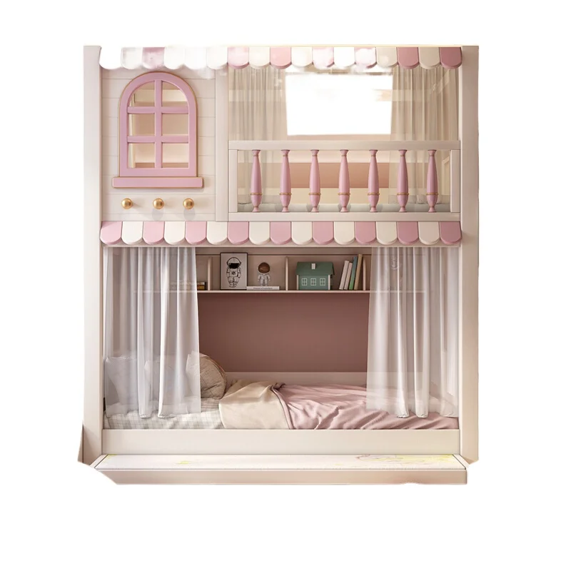 

Pink children's bed girl up and down bed small apartment roof siblings all solid wood high and low child mother princess bed