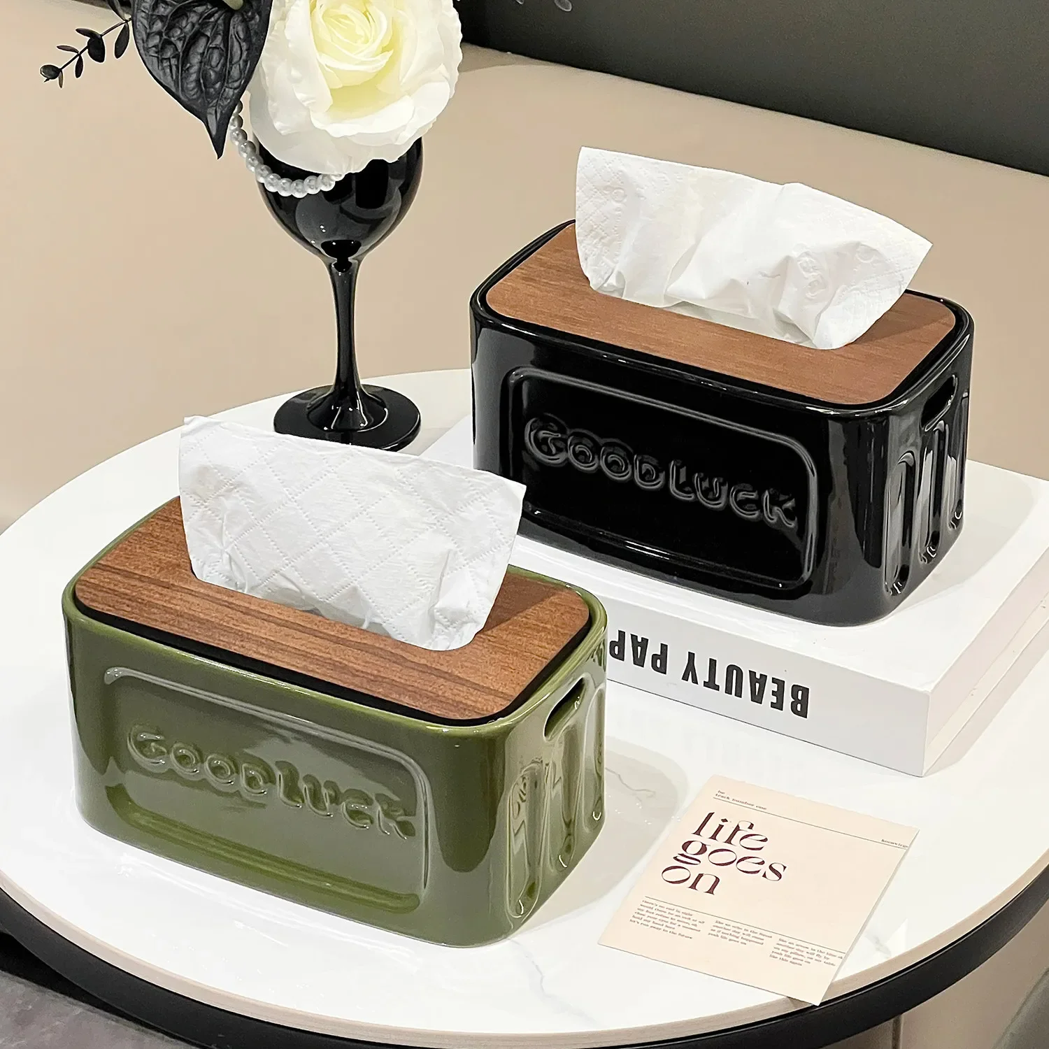Creative Ceramic Wooden Cover Tissue Box Home Living Room Coffee Table Desktop Decoration Storage Box Wooden Cover Carton