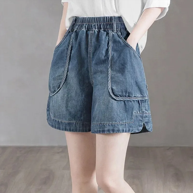 

Women's High Waist Elastic Waist Wide Leg Denim Shorts