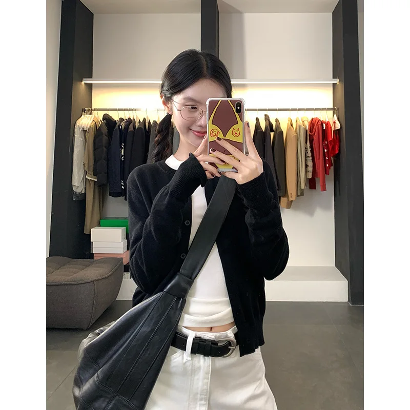 

Женский вязаный кардиган с круглым вырезом, мягкий ленивый стиль, однотонная приталенная тонкая блузка, повседневная накидка