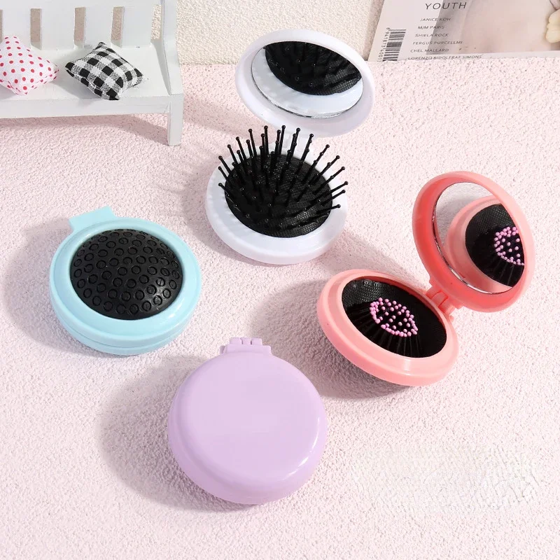 Mini peines de pelo plegables con espejo, peine de masaje portátil para viajes para niños y niñas, cepillos para el cabello, accesorios de peinado