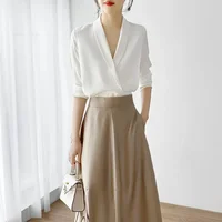 Spring Women's Tunic V Neck Solid Color Elegant Blouses Office Lady Silk Satin  Solid Black White Long Sleeve T-shirts Women - Image 5