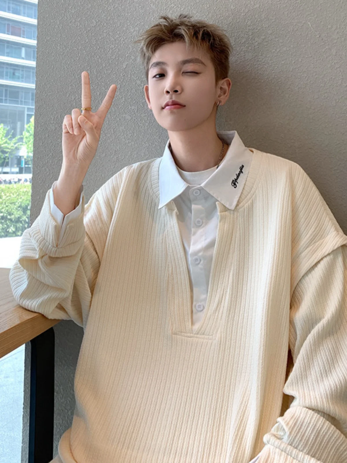 

Sli irt Hoodie Men Spring Autumn Embroidered irt Collar Top Trendy Youth Casual Comfortable Anti-Wrinkle Deforma...