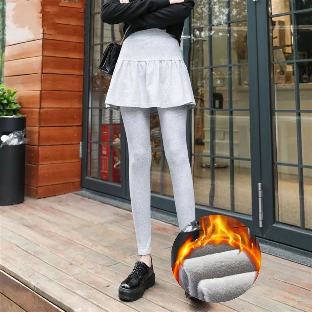 Skirt Leggings Autumn and Winter Fleece  Stretchy Warm High Waist Good Elastic Cotton Warm Leggings