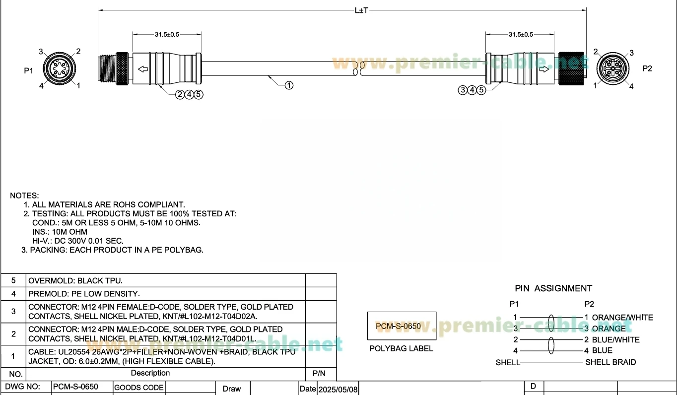 Profinet M12 4-Pin D-Code Stecker auf Buchse Verlängerungskabel Wasserdichtes Abgeschirmtes Cat5 Ethernet Hochflexibles Kabel für Industriekameras – Detail 1