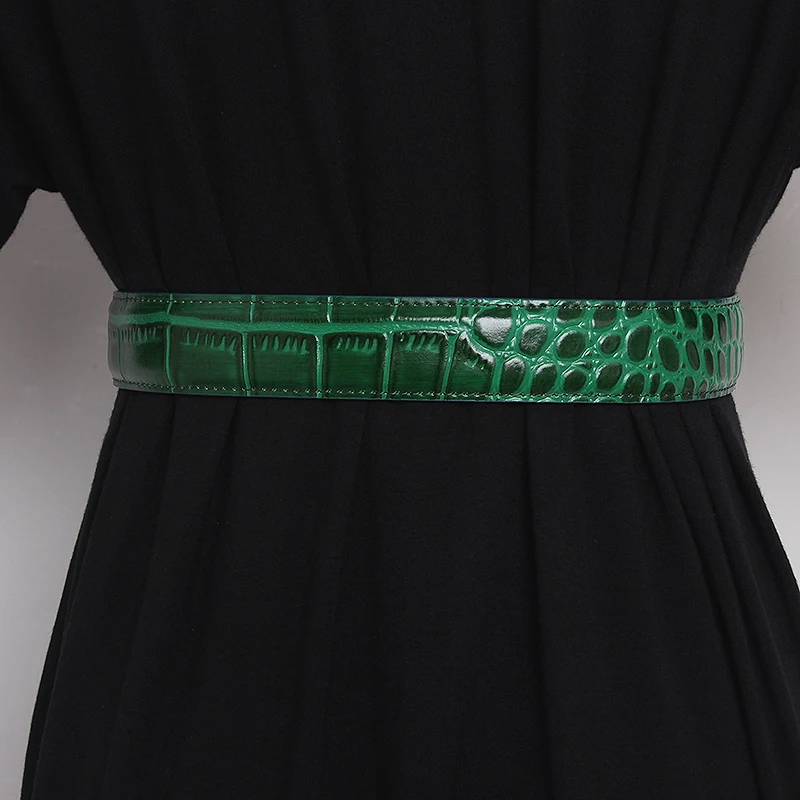 Women's Runway Fashion Genuine Leather Green Cummerbunds Female Dress Corsets Waistband Belts Decoration Narrow Belt R1104