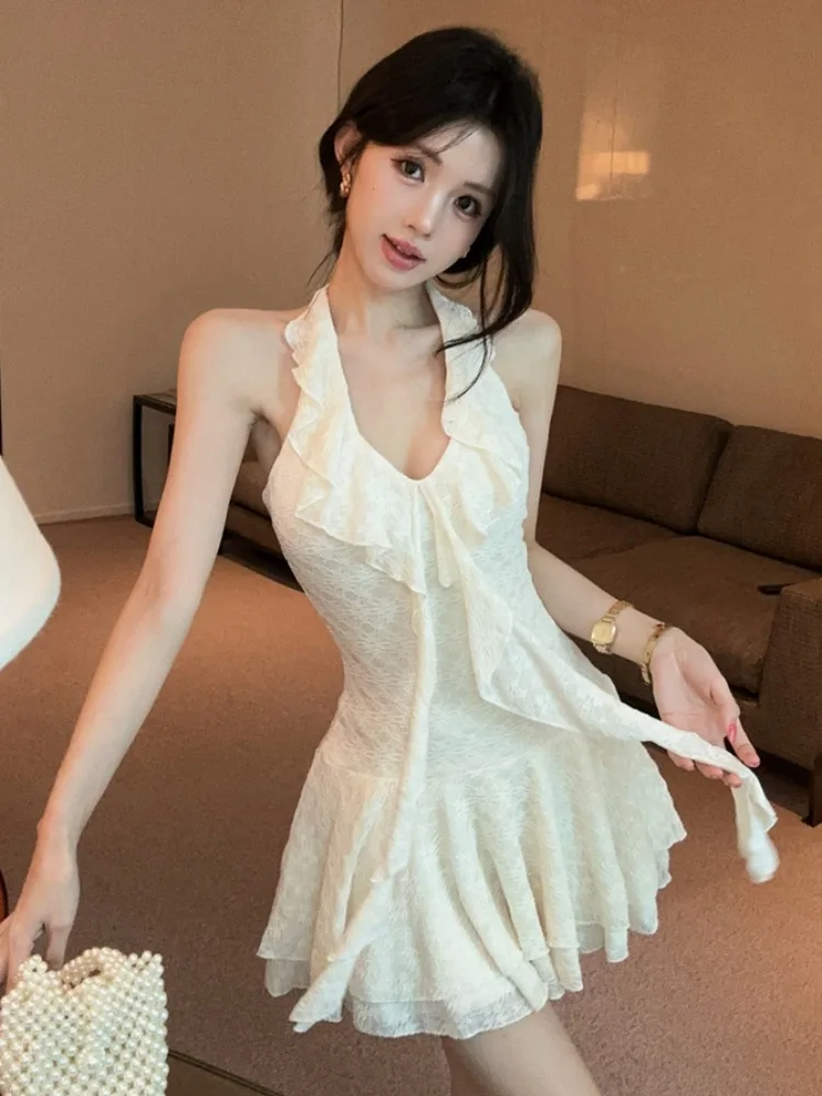 

Sexy Ruffle Neckline Dress Women's Summer New Pure Desire Waist Slimming Short A-Line Skirt High Waist V-Neck Sleeveless Dress